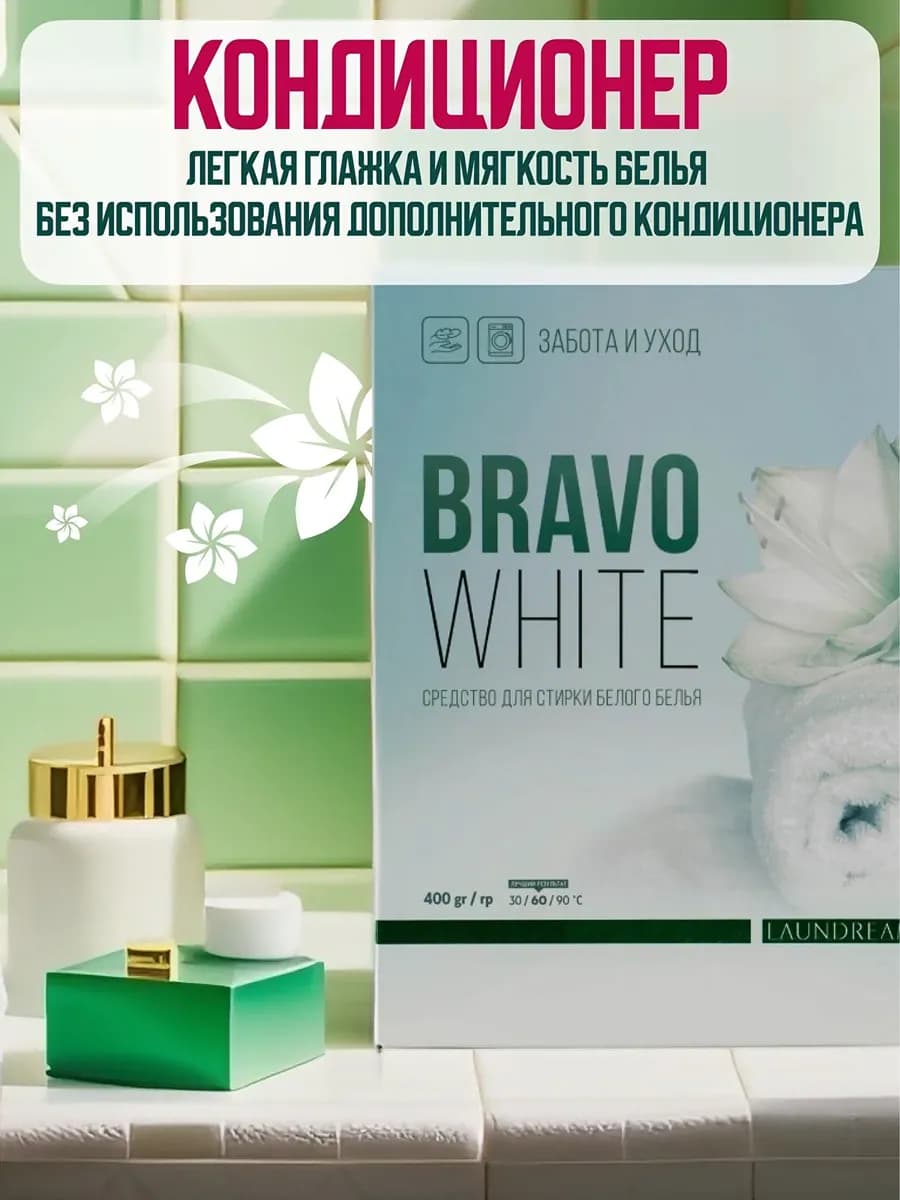 Инфографика для карточки: коробка стирального порошка на фоне зелёной плитки, рядом белая банка и зелёная баночка