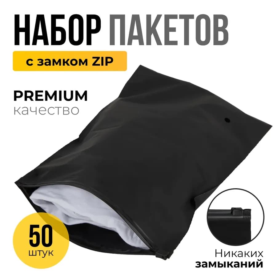 Инфографика для карточки: чёрный матовый зип-пакет с белой вещью внутри, врезка с застёжкой, белый фон